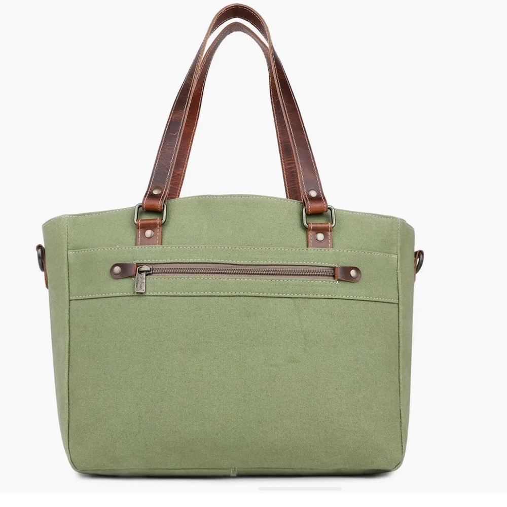 Canvas & Leather Women's Tote Bag - Moss Green/Alabaster - Picture 3 of 4